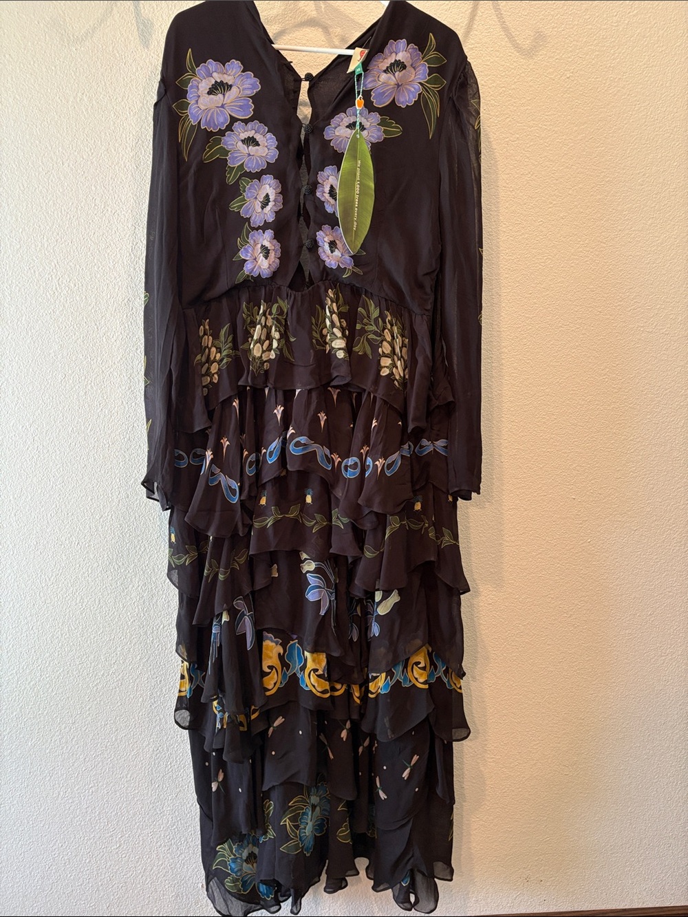 FARM Rio Black Maxi Dress with Lavender Floral Embroidery